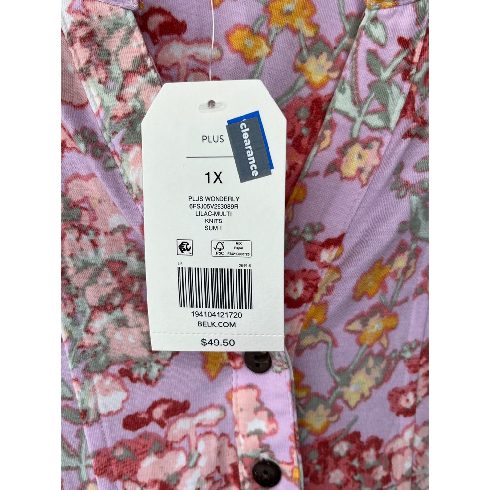 Wonderly Plus Size 1X Floral Print Purple Pink Yellow Long Sleeve Tunic‎ Top nwt - Picture 3 of 4